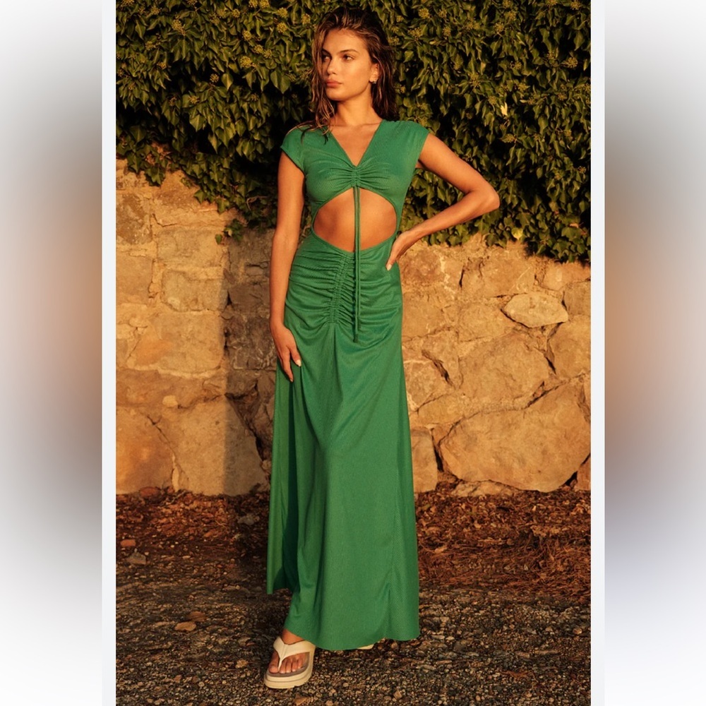 Agua Bendita Ailana Dress Green Maxi Size Medium Cut-Out Midriff NEW $250